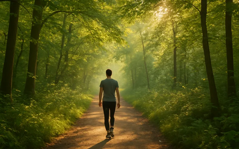 Beneficiile mersului pe jos – persoană în pădure